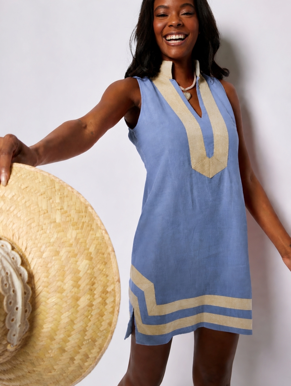NWT Sail to Sable Blue Gold Classic Linen Tunic Dress, XS